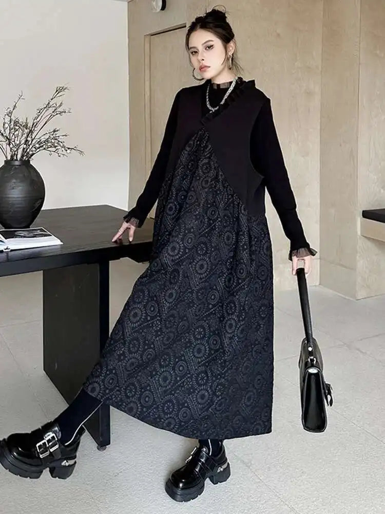 Women Black Pattern Textured Big Size  Long Vest Dress New V-Neck Sleeveless Fashion Tide Spring Autumn 2025 1DH844101