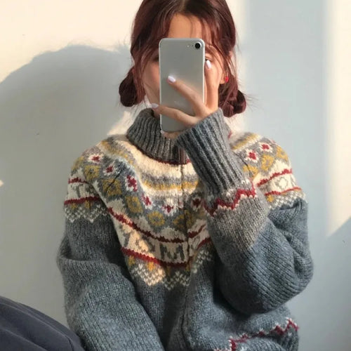 Load image into Gallery viewer, Jacquard Sweet Christmas Vintage Cardigans Women Harajuku Zipper Grunge Sweaters Loose Streetwear Knitted Coats Y2k Aesthetic
