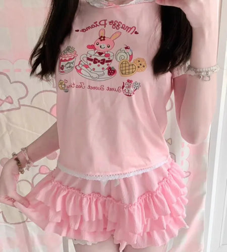 Japanese Kawaii Cartoon Embroidery Y2k Tops Aesthetic Fairy Cute Bow T-shirt Women Harajuku Summer Lace Patchwork Graphic Tees