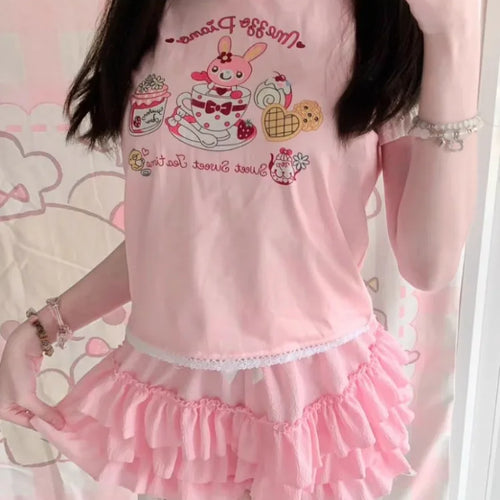 Load image into Gallery viewer, Japanese Kawaii Cartoon Embroidery Y2k Tops Aesthetic Fairy Cute Bow T-shirt Women Harajuku Summer Lace Patchwork Graphic Tees

