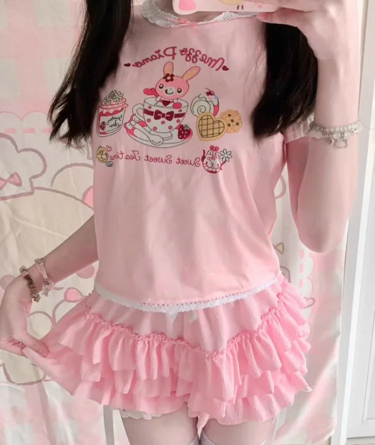 Japanese Kawaii Cartoon Embroidery Y2k Tops Aesthetic Fairy Cute Bow T-shirt Women Harajuku Summer Lace Patchwork Graphic Tees