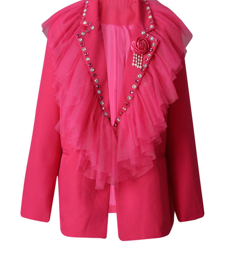 Women Rose Red 3d Flower Rhinestones Mesh Big Size Blazer New Lapel Long Sleeve Jacket Fashion Spring Autumn 2025 CPG3207