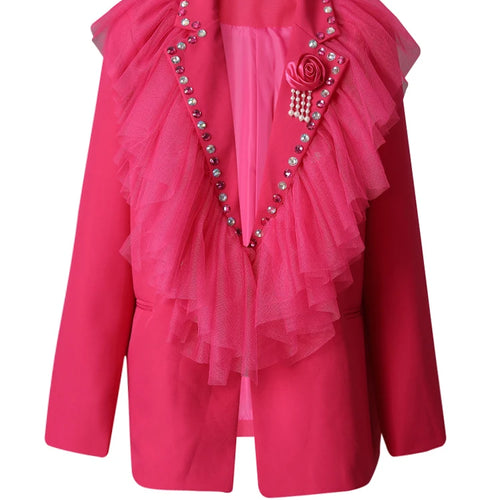 Load image into Gallery viewer, Women Rose Red 3d Flower Rhinestones Mesh Big Size Blazer New Lapel Long Sleeve Jacket Fashion Spring Autumn 2025 CPG3207
