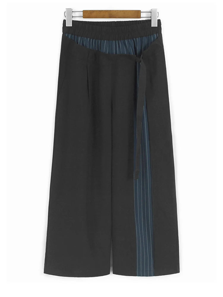High Elastic Waist Blue Striped Color-block Wide Leg Pants New Trousers Women Fashion Tide Spring Autumn 2025 1DJ1320