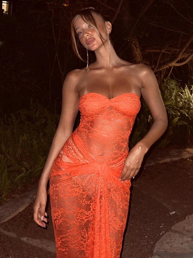 Sexy Lace Strapless Slim Fit Sheer Women's Dress Backless Folds Pleated Slim Fit Long Dress Elegant Party Club Clothing