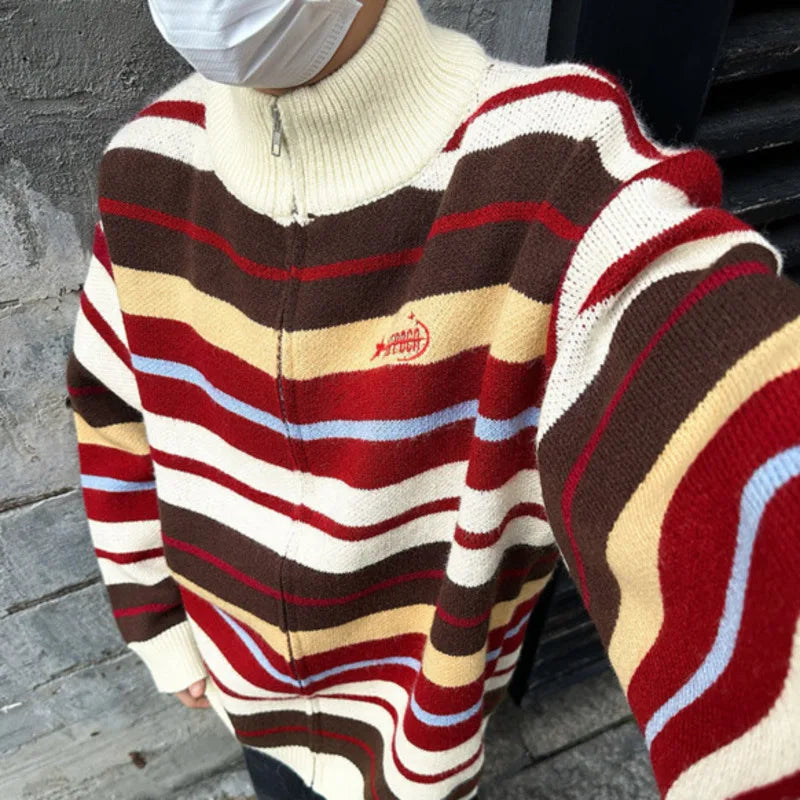 American Sweater Cardigan Jacket Men's Spring Versatile Loose Striped Couple Zipper Knitted Sweater 2025 Turtleneck 9C9259