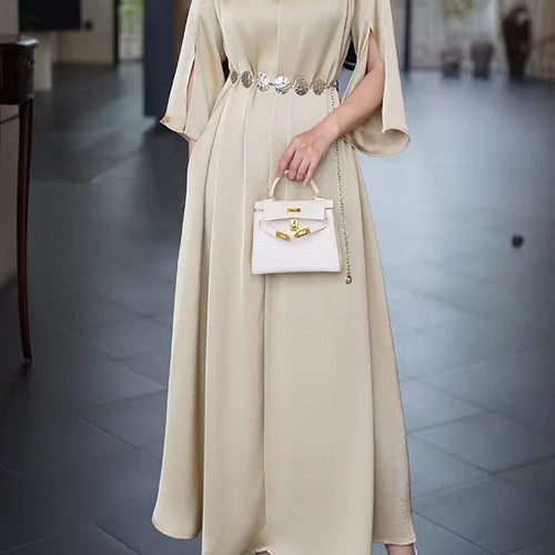 Load image into Gallery viewer, Solid Spliced Belt Loose Dresses For Women V Neck Short Sleeve High Waist Temperament Dress Female Fashion Style

