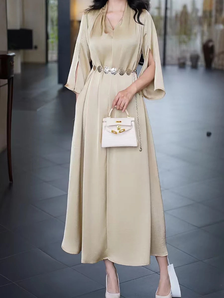 Solid Spliced Belt Loose Dresses For Women V Neck Short Sleeve High Waist Temperament Dress Female Fashion Style