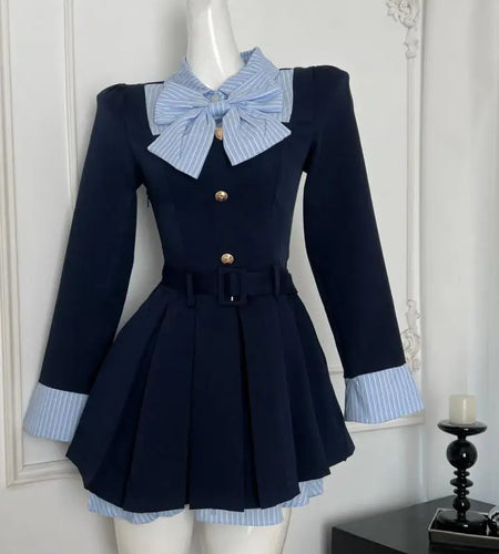 Autumn Vintage Blue Stripe Patchwork Elegant Long Sleeve Mini Dress Women College Style Button Pleated Short Dress Fashion Trend