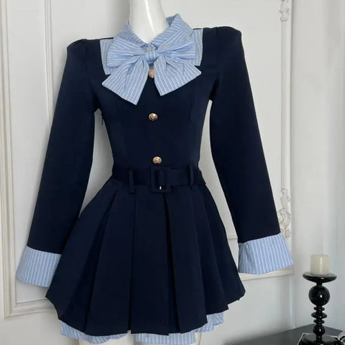 Load image into Gallery viewer, Autumn Vintage Blue Stripe Patchwork Elegant Long Sleeve Mini Dress Women College Style Button Pleated Short Dress Fashion Trend
