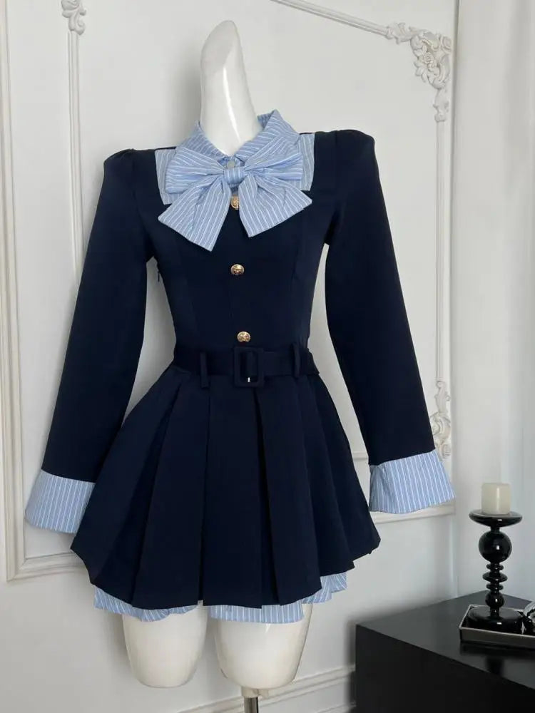 Autumn Vintage Blue Stripe Patchwork Elegant Long Sleeve Mini Dress Women College Style Button Pleated Short Dress Fashion Trend