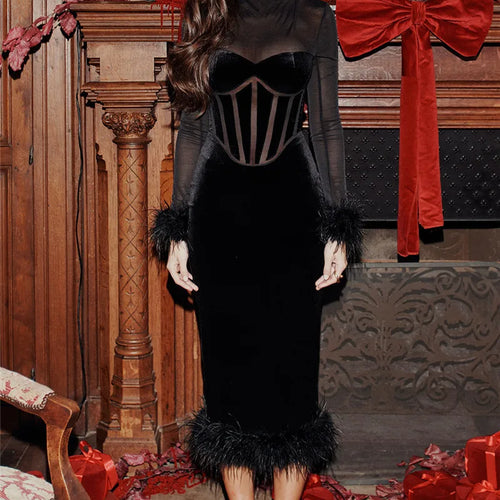 Load image into Gallery viewer, Elegant Feather Sexy Midi Dress For Women Black Fashion Sheer Long Sleeve Backless Bodycon Club Party Long Dress
