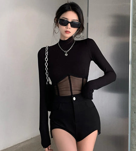 Black Top y2k Clothing Women Solid Color Skinny Turtleneck Long Sleeve Mesh Patchwork T Shirt Spring Autumn Clothes