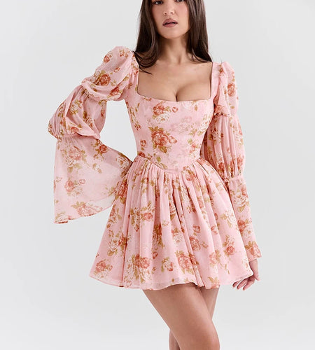 Elegant Horn Long Sleeve Bodycon Printed Short Skirt Female Sexy Square Neck Slim Female Dress Party Club Evening Dress