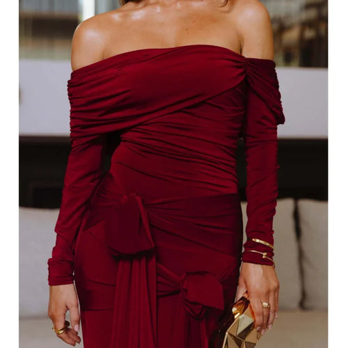 Load image into Gallery viewer, Elegant Long Sleeved Stretch Tight Bow Pleated Evening Dress Women Sexy Backless Bodycon Party Autumn Winter Vestido
