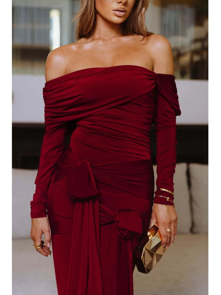 Elegant Long Sleeved Stretch Tight Bow Pleated Evening Dress Women Sexy Backless Bodycon Party Autumn Winter Vestido