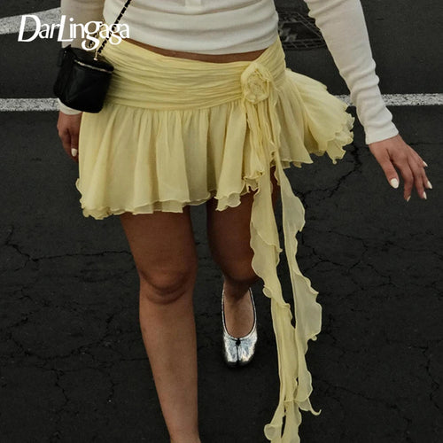 Load image into Gallery viewer, Holiday Style Asymmetric Floral Fringe Cake Skirt With Mesh Women’s Summer Yellow Hottie Mini Outfits Y2K Aesthetics
