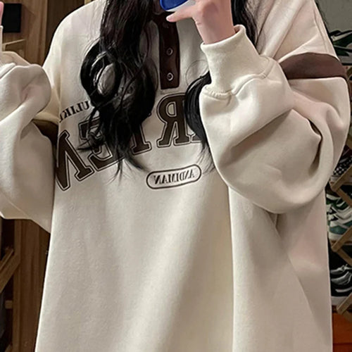 Load image into Gallery viewer, Polo Neck Korean Style Printed Female Hoodies Autumn Office Lady Loose Long Sleeve Apricot Casual Women Sweatshirts Blue
