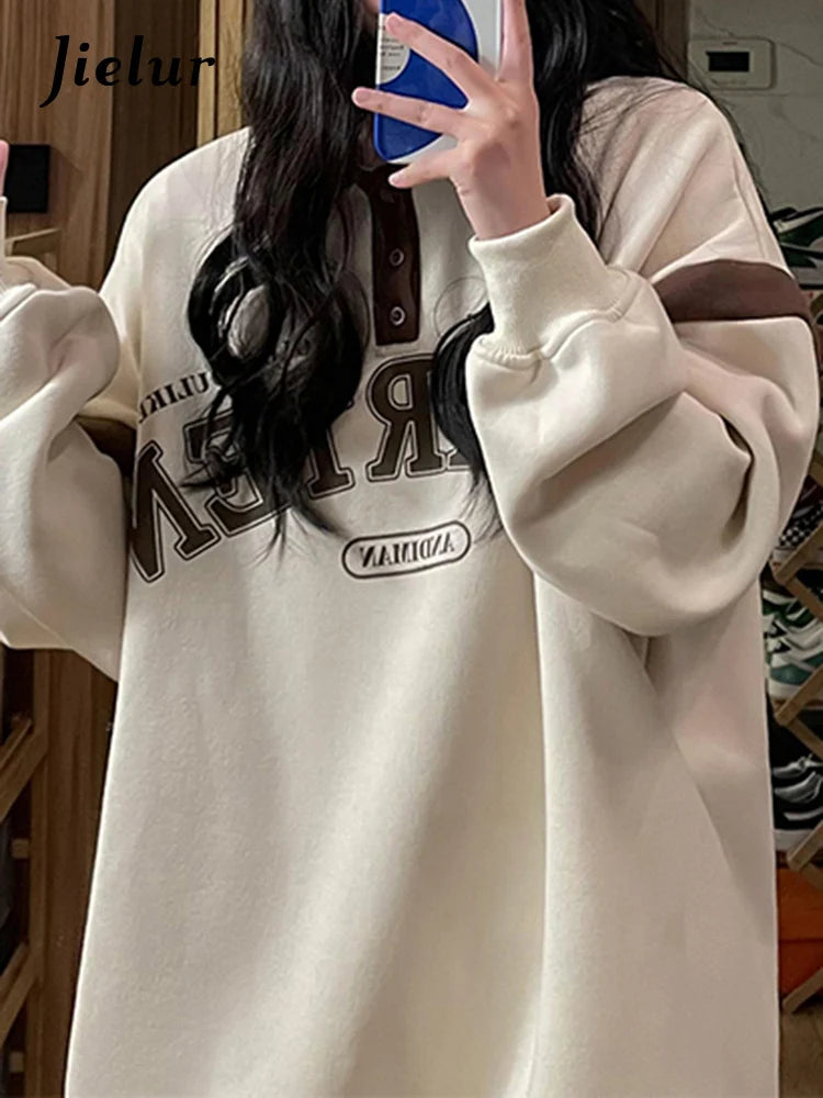 Polo Neck Korean Style Printed Female Hoodies Autumn Office Lady Loose Long Sleeve Apricot Casual Women Sweatshirts Blue