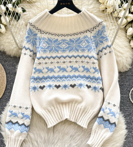 Vintage Fashion Women's Black White Patchwork Loose Pullover Sweater Autumn Winter Casual Round Neck Crochet Knitted Top Popular