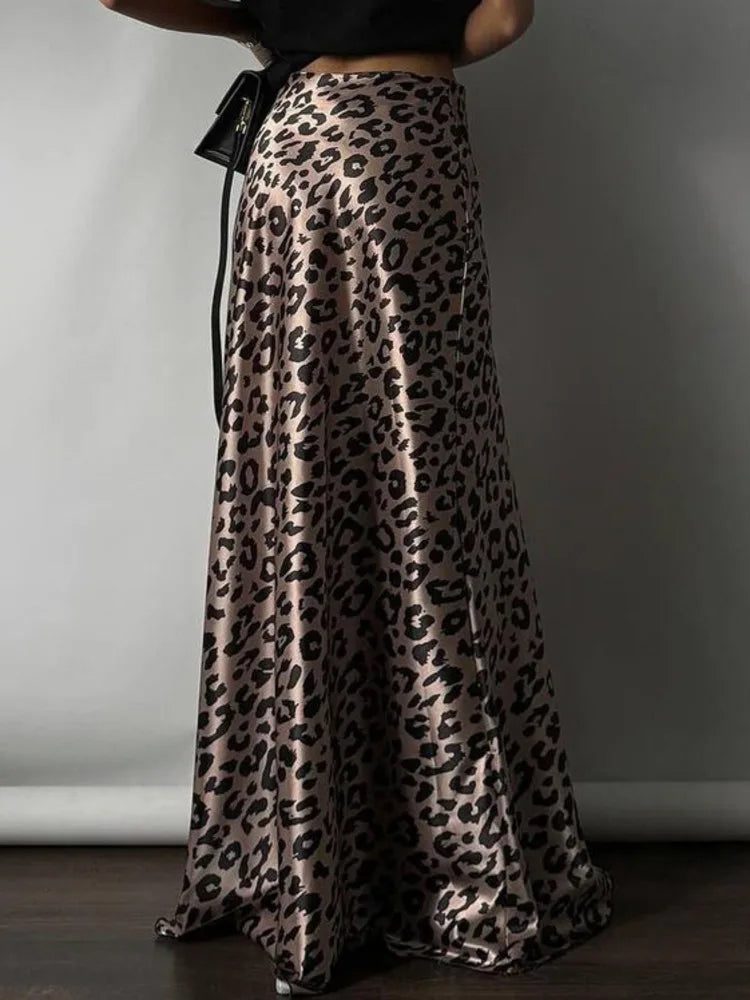 Satin Leopard Print Long Skirt Women Fashion High Waist Maxi Fishtail Skirt Ladies Fashion With Zipper Sexy Skirts