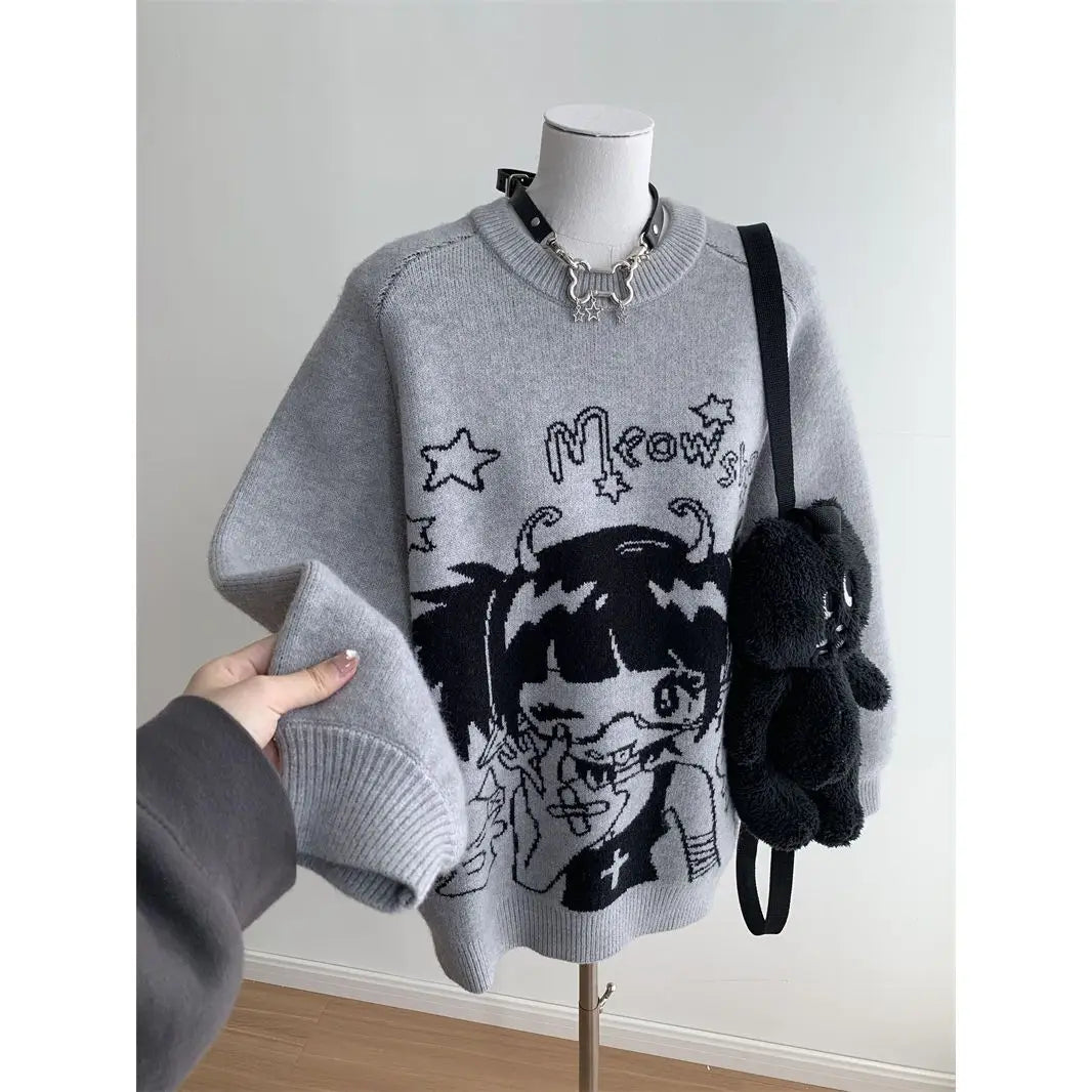 Anime Cute Pullovers Women Fall Winter Clothing Sueter Mujer Fashion Japanese Pull Femme Knitted Casual Oversized Sweater Tops
