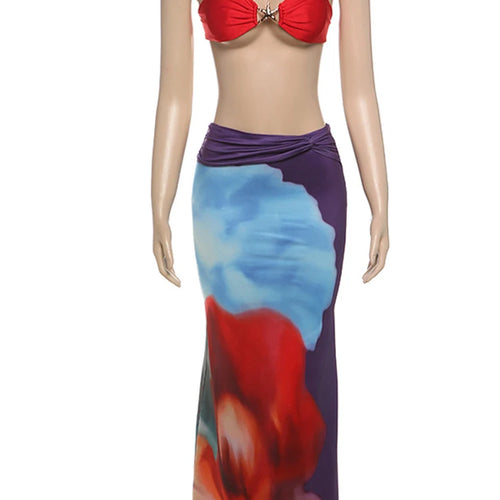 Load image into Gallery viewer, Elegant Beach Sexy Skirt Two Piece Sets Women Strapless Tops And Maxi Skirt Female Print Vacation Club 2 Piece Set
