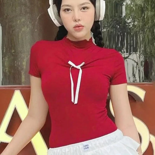 Load image into Gallery viewer, Red T Shirt Coquette Y2k Clothes for Women Summer Cutecore Bow Short Sleeve Tops Korean Fashion P85-AI14
