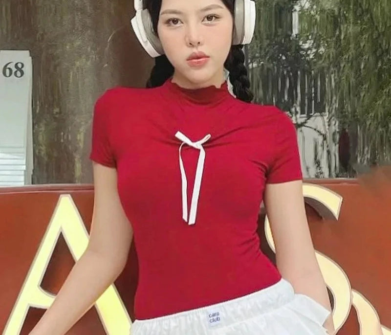 Red T Shirt Coquette Y2k Clothes for Women Summer Cutecore Bow Short Sleeve Tops Korean Fashion P85-AI14