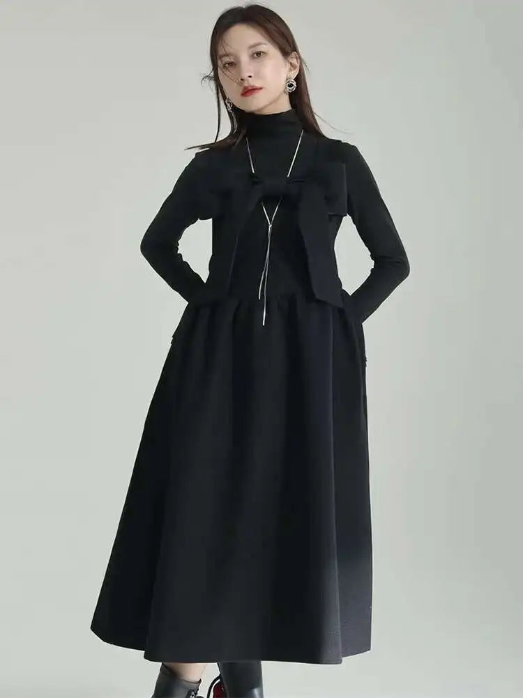 Women Gray Bow Bandage Spliced Long Elegant Woolen Dress New Sleeveless Loose Fit Fashion Tide Autumn Winter 2025 1DF3527