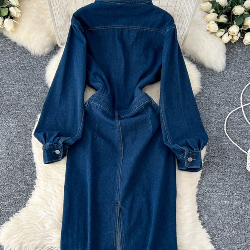 Load image into Gallery viewer, Retro Fashion 2024 Autumn Women's Blue Temperament Single Breasted Slim Dresses Korean Long Sleeved Vacation Denim Dress Popular
