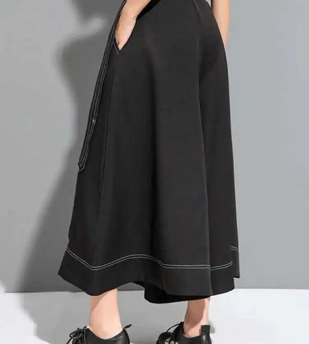 High Waist Black Topstitched Bandage Long Wide Leg Pants New Loose Fit Trousers Women Fashion Spring Autumn 2025 1DF7722
