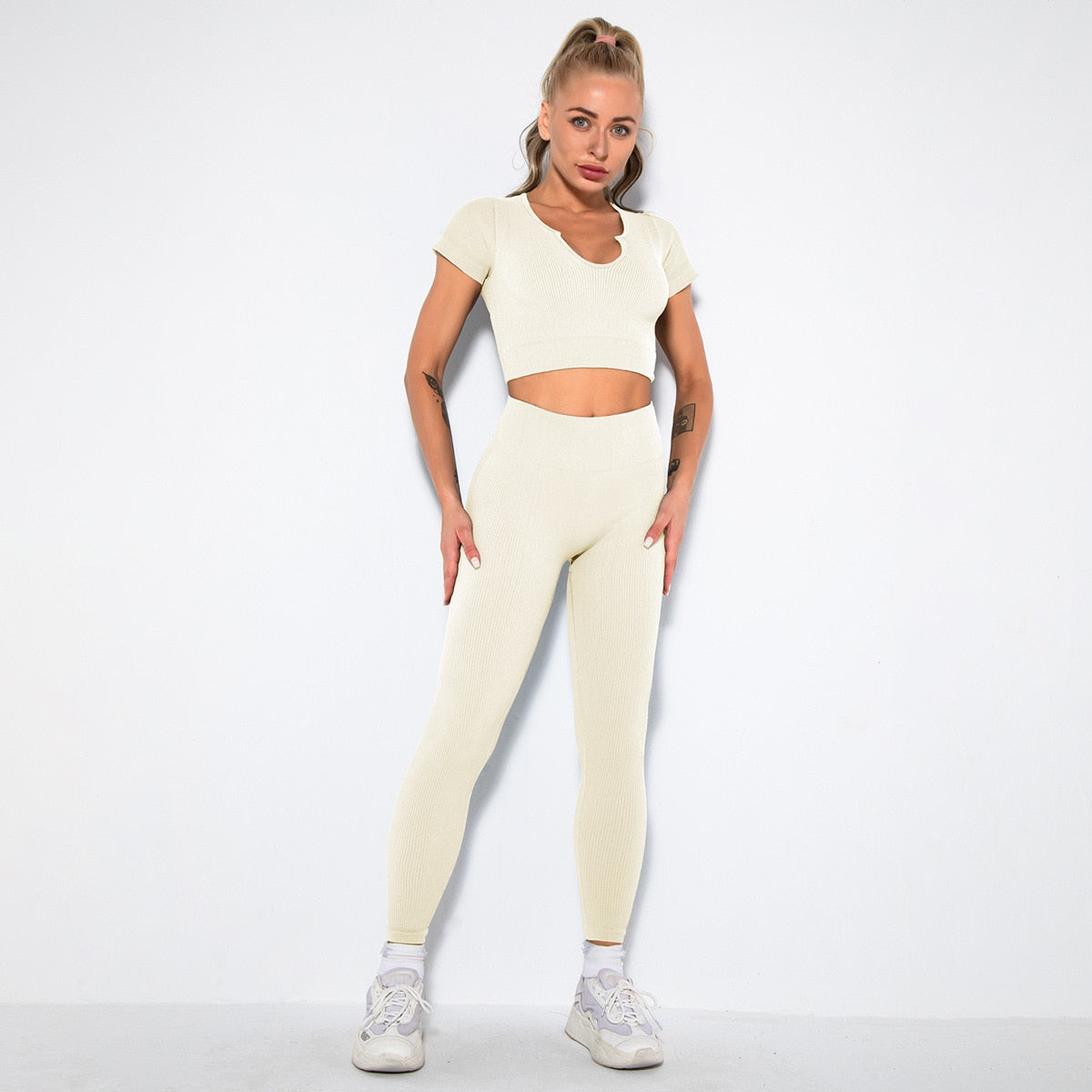 Gym Set Summer 2 Piece Outfit Ribbed Sport Bra Leggings Seamless Workout Set Fitness Active Wear Tracksuit Women Yoga Clothing