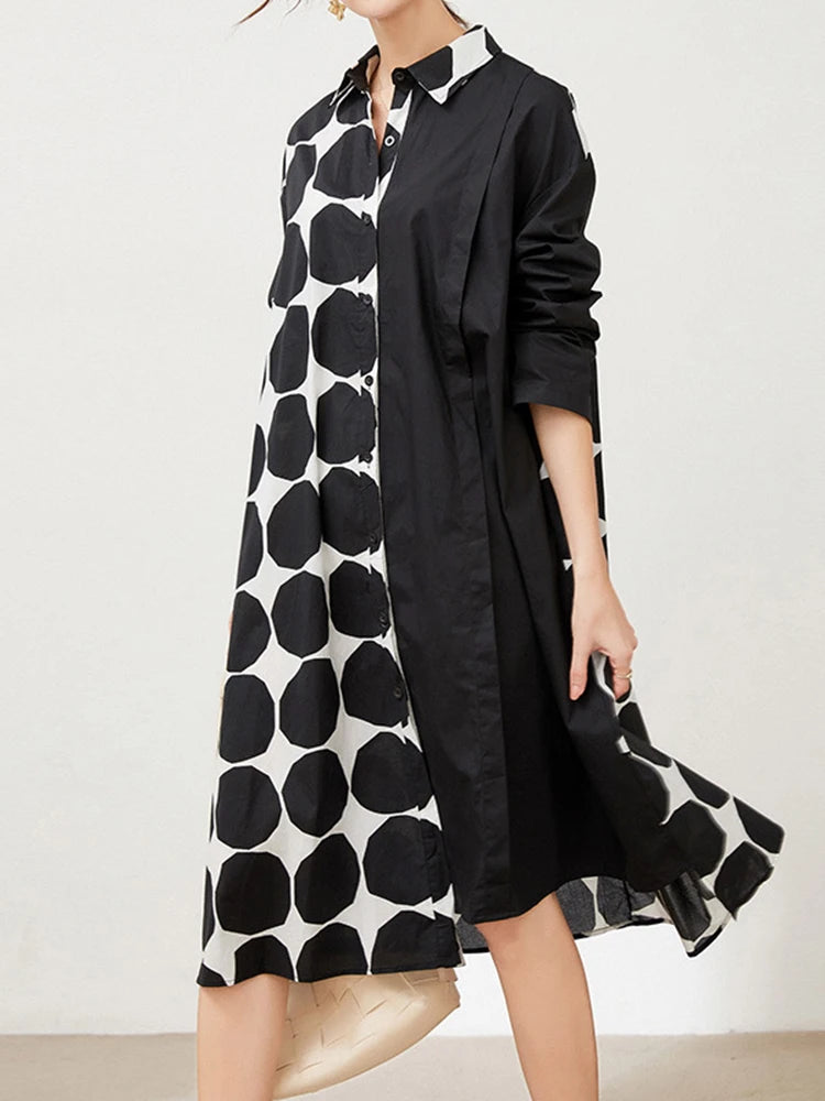 Women Black Dot Printed Big Size Knee-length Shirt Dress New Lapel Long Sleeve Fashion Tide Spring Autumn 2025 1DJ1505
