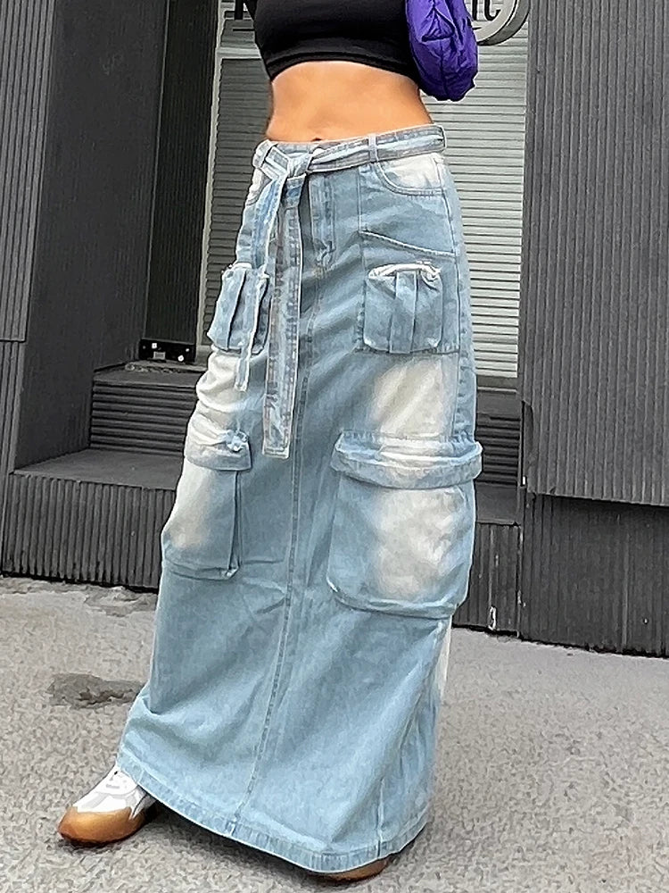 Denim Casual Skirts For Women High Waist Tied Patchwork More Than A Pocket Slimming Skirt Female Fashion Clothing