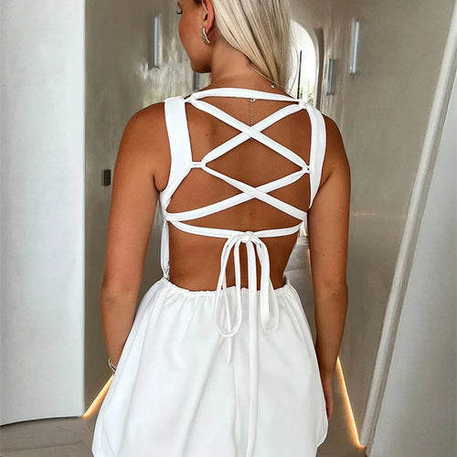 Load image into Gallery viewer, Backless Lace-up Sexy Mini Dress Women Robe Fashion O Neck Sleeveless High Waist A-line Club Party Dress Elegant
