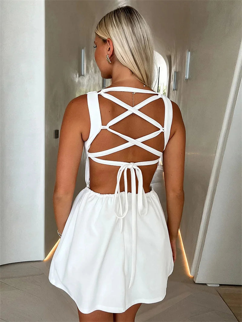 Backless Lace-up Sexy Mini Dress Women Robe Fashion O Neck Sleeveless High Waist A-line Club Party Dress Elegant
