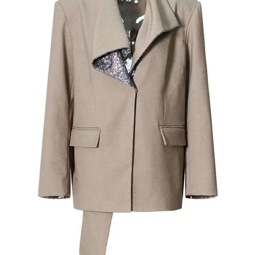 Load image into Gallery viewer, Women Khaki Sequins Spliced Irregular Big Size Blazer New Lapel Long Sleeve Jacket Fashion Tide Spring Autumn 2025 7AB8210
