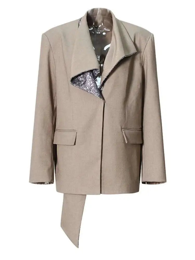 Women Khaki Sequins Spliced Irregular Big Size Blazer New Lapel Long Sleeve Jacket Fashion Tide Spring Autumn 2025 7AB8210