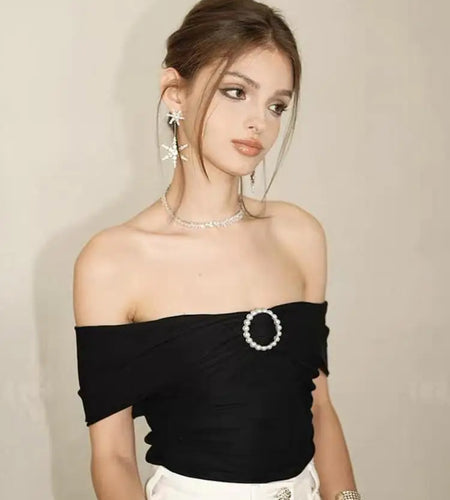White Elegant Y2k Off Shoulder Pearl Cropped Top Women Black Sleeveless Backless Sexy Club Strapless 2024 Summer Pleated Tops