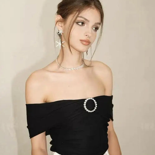 Load image into Gallery viewer, White Elegant Y2k Off Shoulder Pearl Cropped Top Women Black Sleeveless Backless Sexy Club Strapless 2024 Summer Pleated Tops
