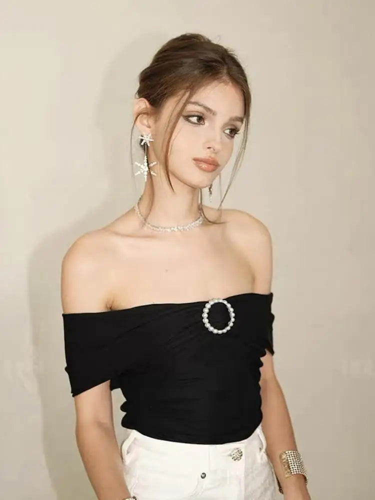 White Elegant Y2k Off Shoulder Pearl Cropped Top Women Black Sleeveless Backless Sexy Club Strapless 2024 Summer Pleated Tops