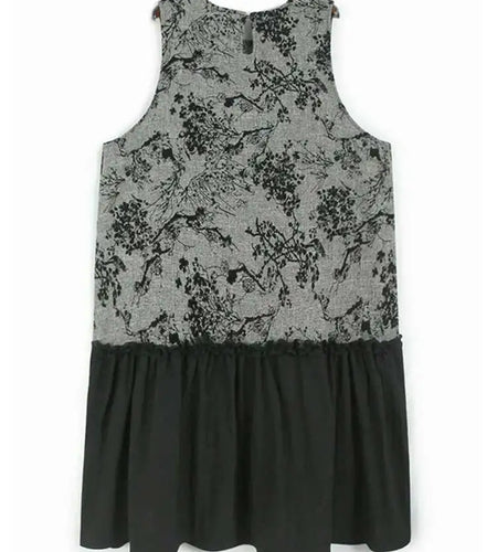 Women Gray Printed Vintage Hem Pleated Big Size Vest Dress New Round Neck Sleeveless Fashion Spring Autumn 2025 1DH9454