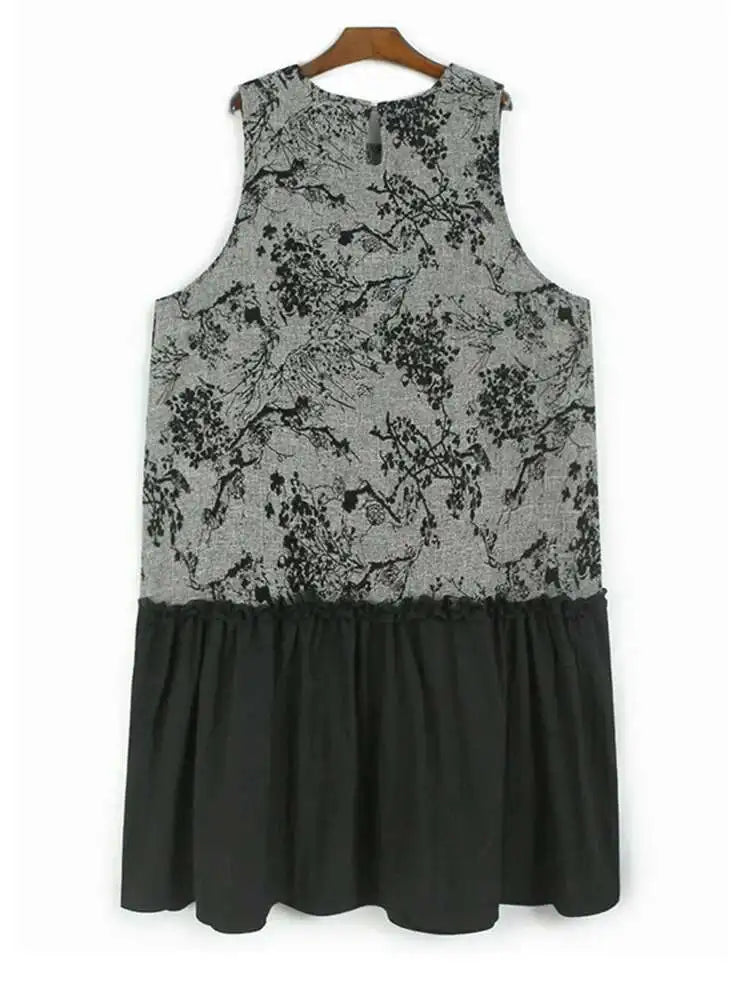 Women Gray Printed Vintage Hem Pleated Big Size Vest Dress New Round Neck Sleeveless Fashion Spring Autumn 2025 1DH9454