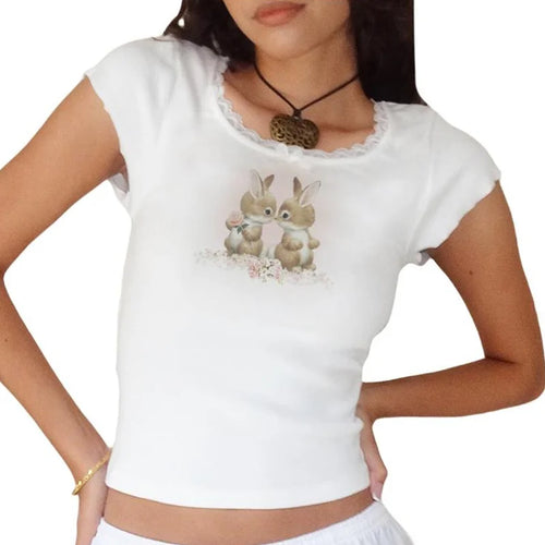 Load image into Gallery viewer, y2k Baby Tee Graphic Crop Top 2000s Women Lave Trim Round Neck Short Sleeve T Shirt Fairycore Clothing White Streetwear
