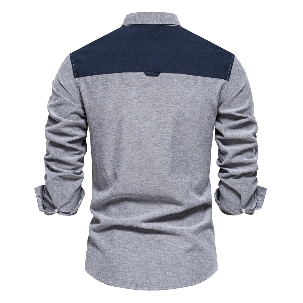 Spring Patchwork Oxford Shirt for Men Casual Wear Cotton Blend Pocket Mens Shirts