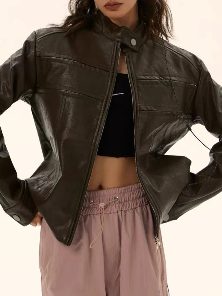 Autumn Harajuku Vintage Bomber Jacket Women Clothes Streetwear Casual Outwear 2025 Ropa Mujer Loose PU Coat Y2k Aesthetic Tops