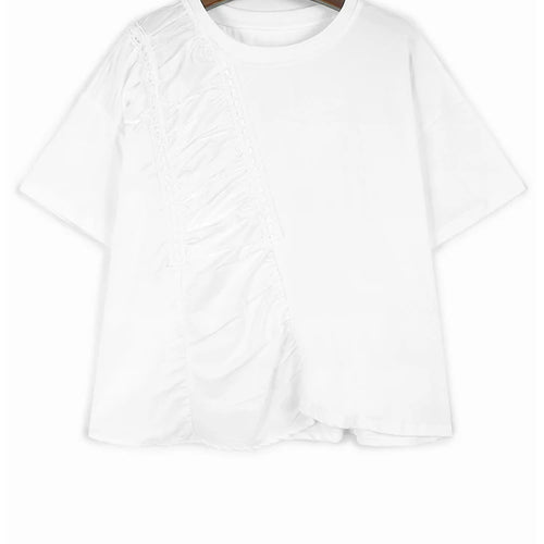 Load image into Gallery viewer, Women Green Pleated Irregular Spliced Big Size T-shirt New Round Neck Short Sleeve Fashion Tide Spring Summer 2025 1DJ1120
