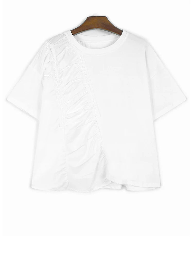 Women Green Pleated Irregular Spliced Big Size T-shirt New Round Neck Short Sleeve Fashion Tide Spring Summer 2025 1DJ1120