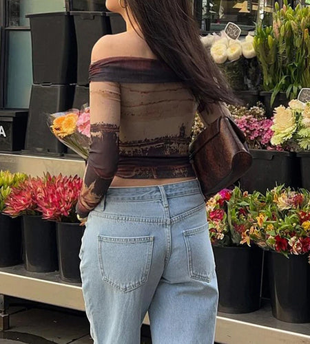 Grunge Slash Neck Tie Dye Sexy Women Tshirts Y2K Aesthetic Vintage Party Crop Top Off Shoulder Mesh Tee Outfits Chic